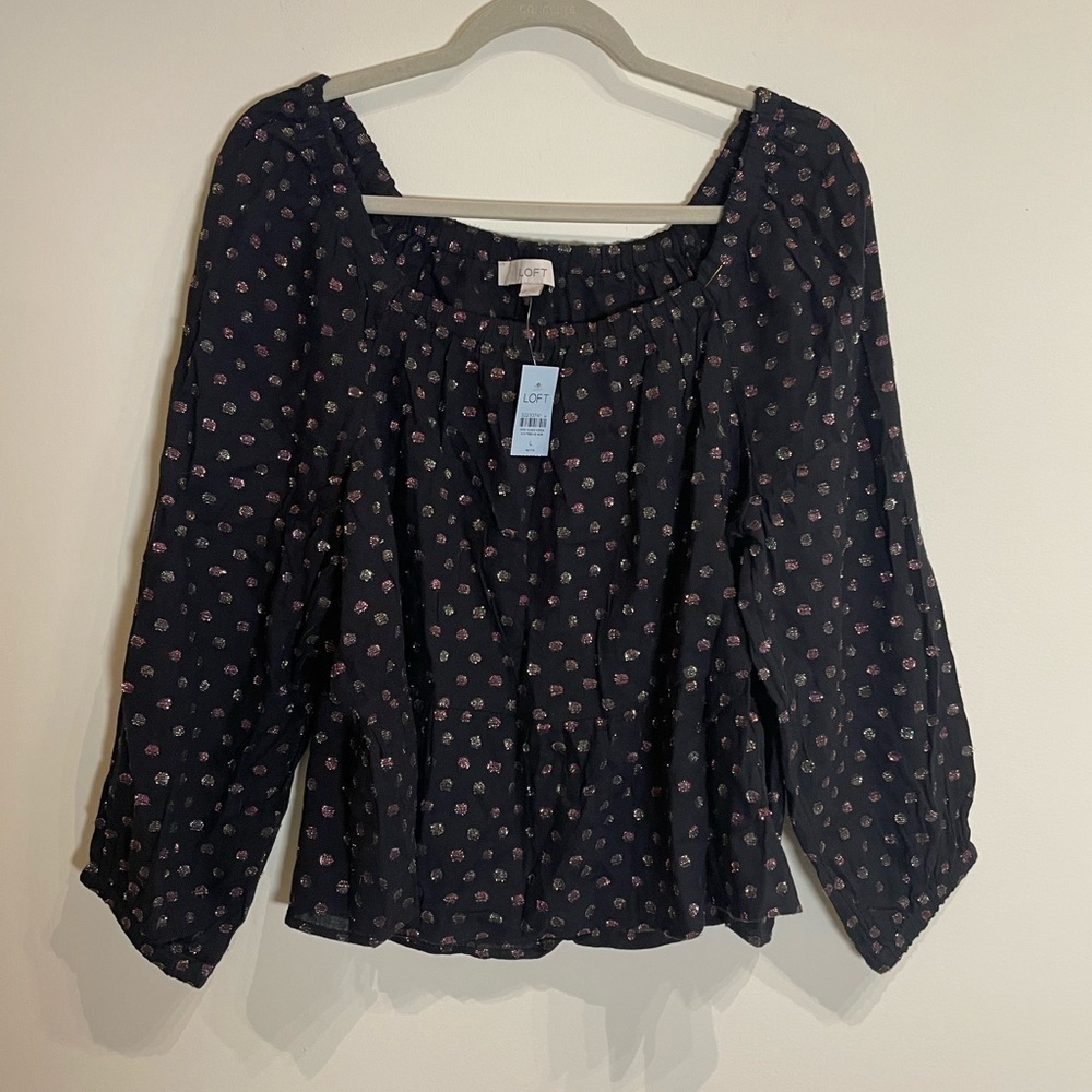 Loft NWT Shimmer Dot Square Neck Peplum Blouse Large Petite - Picture 4 of 7